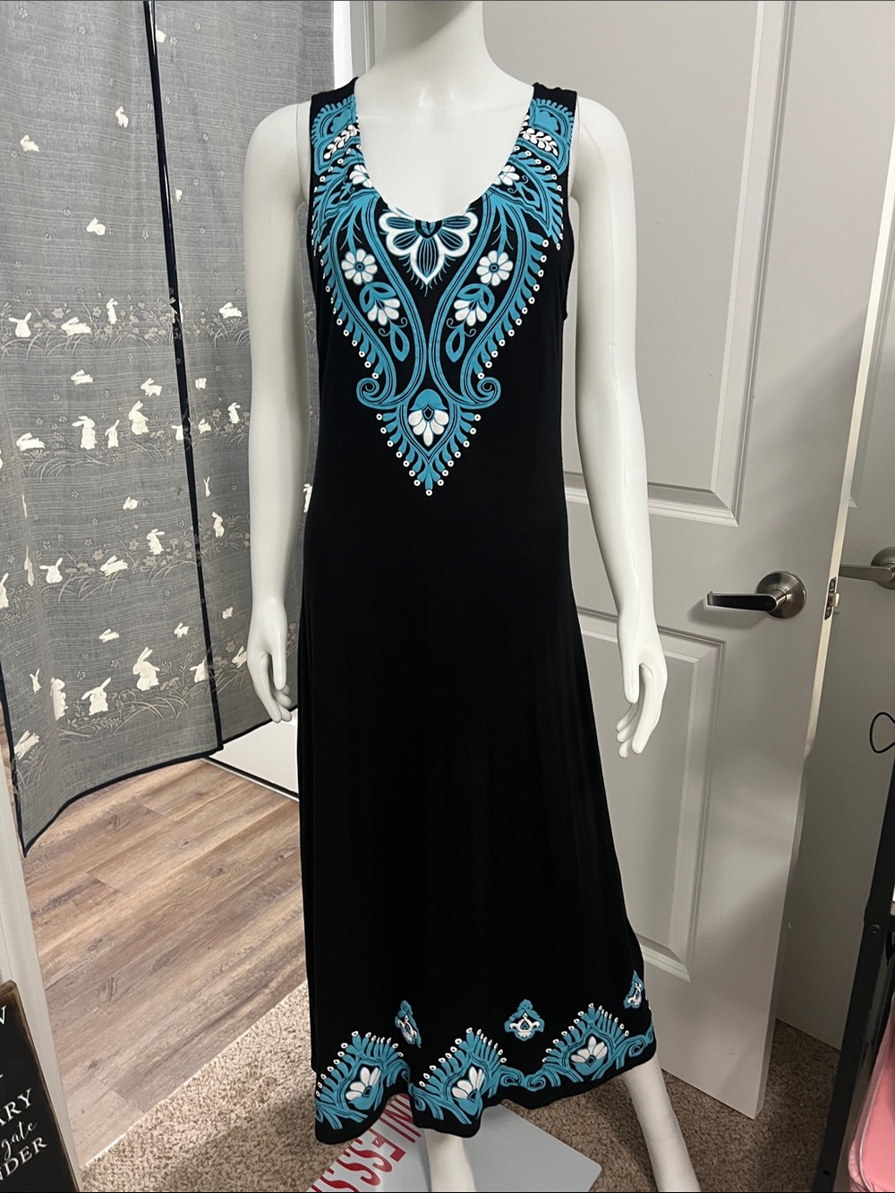 Just Love Black Maxi Dress with Teal Embroidery